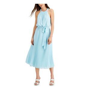 NWT INC DRESS Womens Light Blue Belted Sleeveless Midi Fit + Flare Dress 2